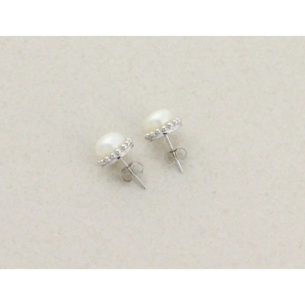 14k White Gold 8mm Freshwater Pearl Earrings Stud Post - Picture 8 of 9